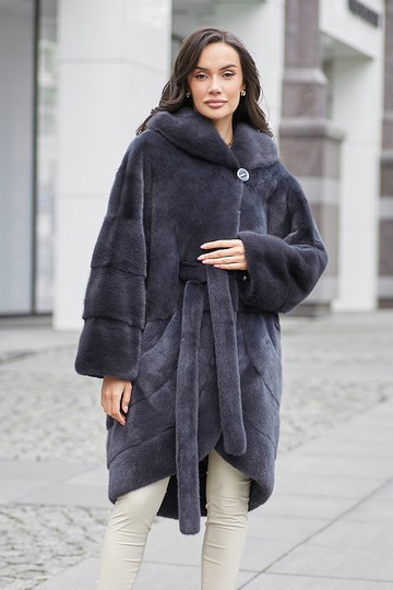 Шуба норковая "Кокон" (Графит) с капюшоном
